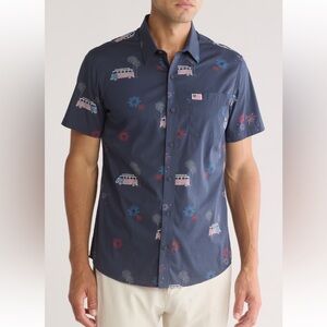 What Goes Up short sleeve Firework VW bus navy blue 4th of July button up